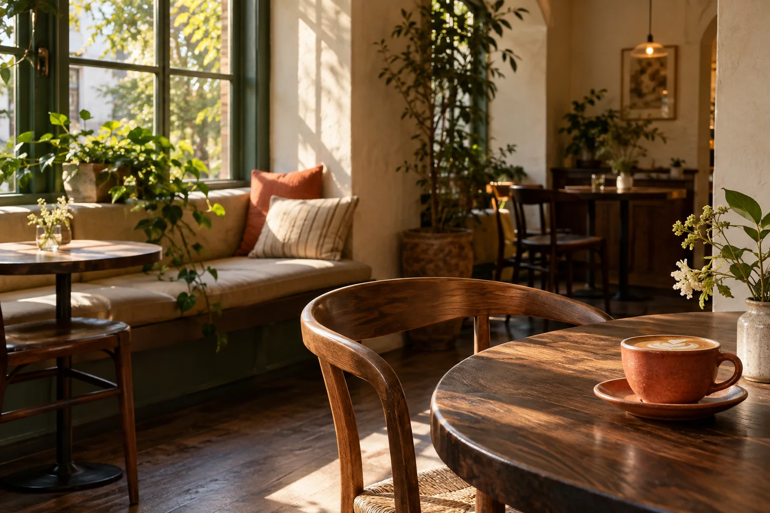 Illustrative sunlit café with warm wood and a terracotta cup